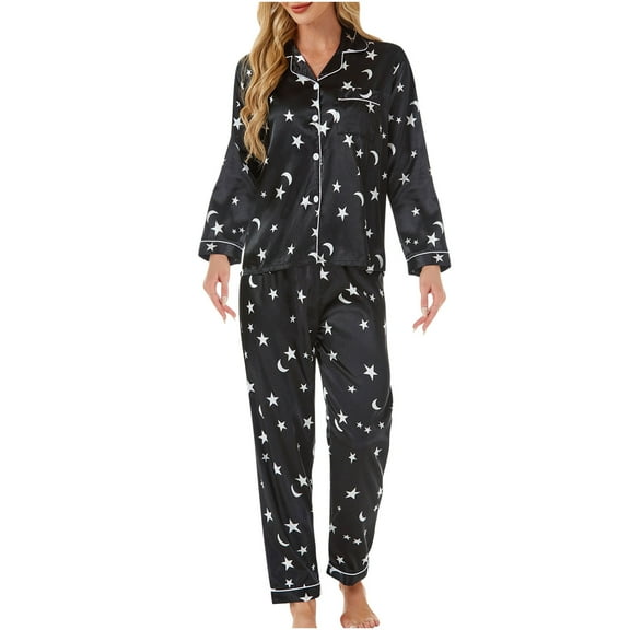Tnhcen Women's Moon Star Print Sleepwear Set - 2-Piece Long Sleeve Button-Up Shirt with Elastic Waist Pants | Soft Stretchy Cozy Pajamas for Women S-XL