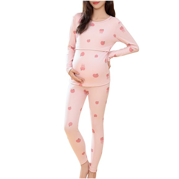 Tnhcen Women's Multi-Functional Maternity Sleepwear Set Nursing Pajama | Slim Fit Round Neck Print Long Sleeve with Built-in Pad Adjustable Drawstring Pants M-3XL