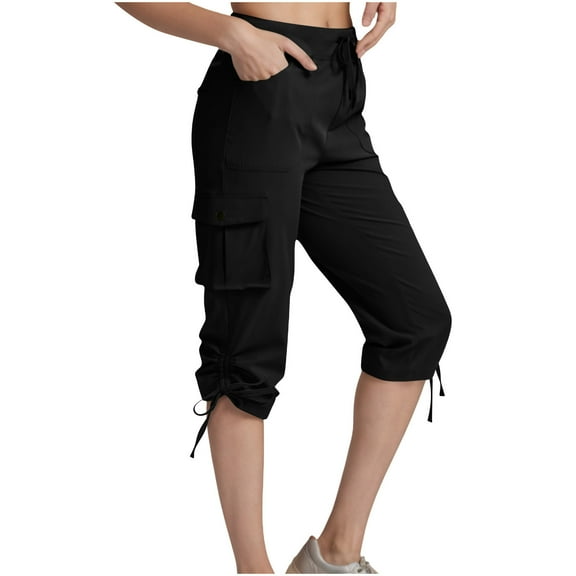 Tnhcen Women's Multi-Pocket Cargo Pants Capri Pants Lightweight Hiking Jogger Pants Twill Drawstring Cuff Capri Trousers S-2XL