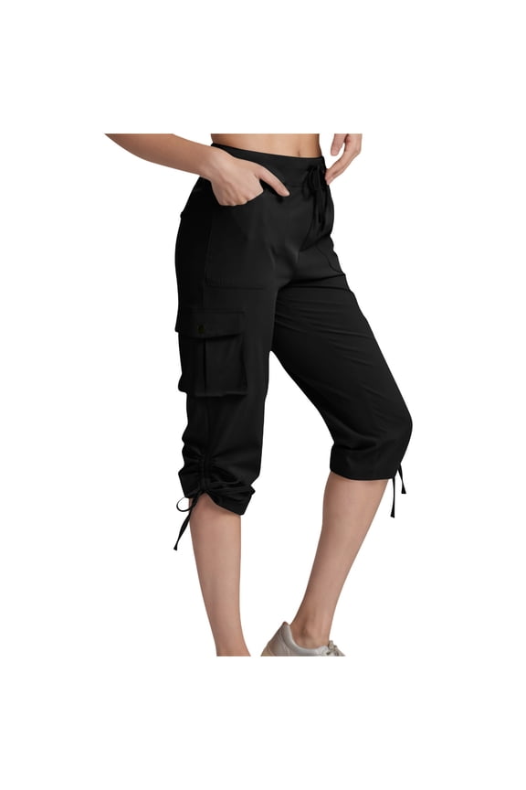 Women's Multi-Pocket Cargo Pants Capri Pants Lightweight Hiking Jogger Pants Twill Drawstring Cuff Capri Trousers S-2XL