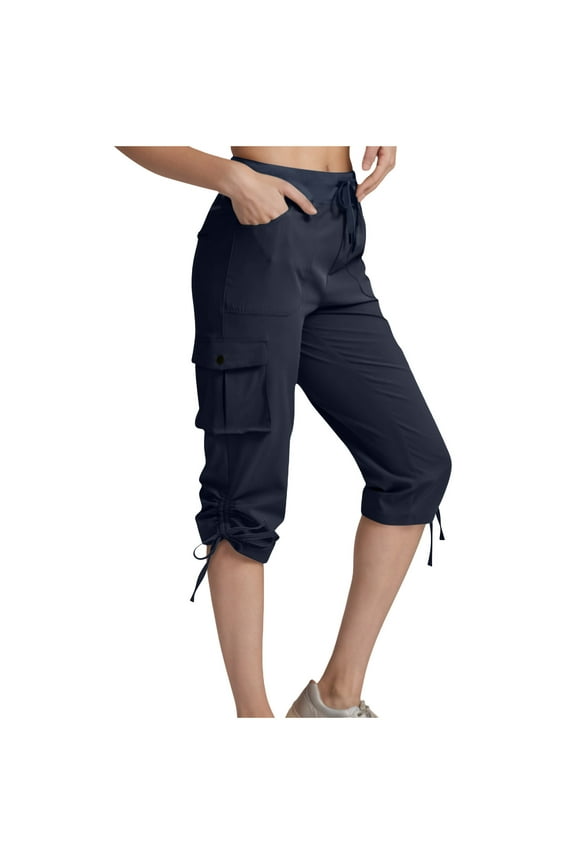 Women's Multi-Pocket Cargo Pants Capri Pants Lightweight Hiking Jogger Pants Twill Drawstring Cuff Capri Trousers S-2XL