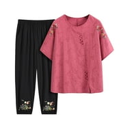 TNHCEN Women's New Chinese Style Cotton Sleepwear Set Embroidered Details 5-Sleeve & Capri Pants with Pocket Two-Piece Loungewear for Home (XL-5XL)