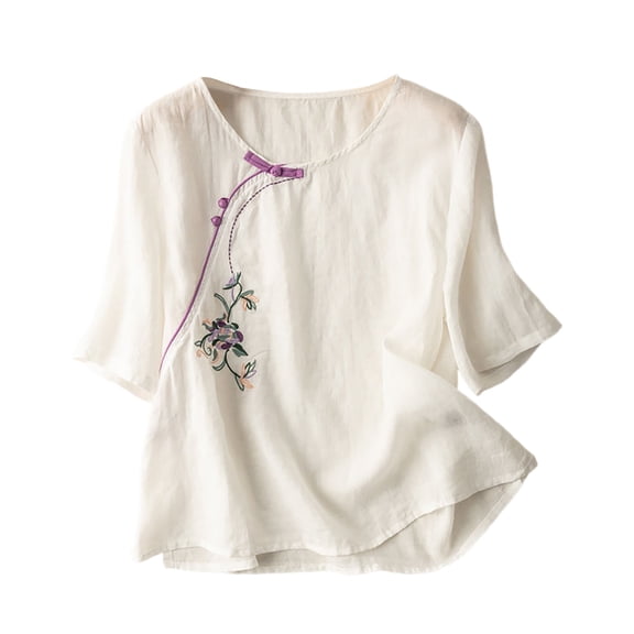Tnhcen Women's New Chinese Style Embroidered Button Front Cotton Linen Blouse | Slit Collar Casual Summer Tops | Plus Size Friendly (M-4XL) Traditional Tops