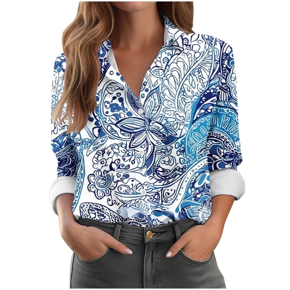 Tnhcen Women's New Fall Essential Long Sleeve Button-Up Shirt | Stylish Print Collar & Buttons | Stretchy Soft Fabric | S-3XL Versatile Daily Wear