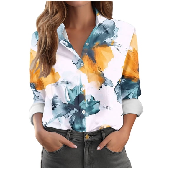 Tnhcen Women's New Fall Essential Long Sleeve Button-Up Shirt | Stylish Print Collar & Buttons | Stretchy Soft Fabric | S-3XL Versatile Daily Wear