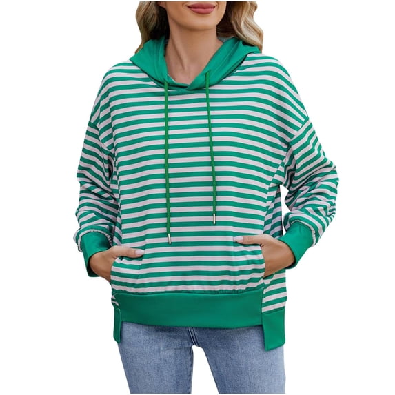Tnhcen Women's New Fall Striped Hoodie Sweatshirt - Casual Oversized Tops with Pockets Plus Size Stretchy Striped Tops (S-2XL)