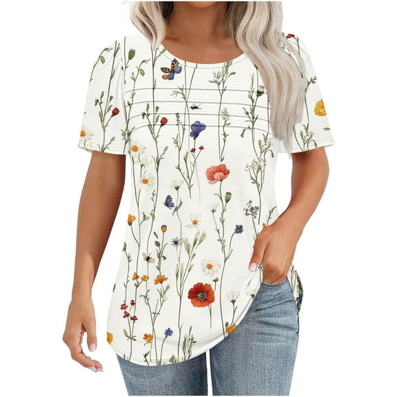 Tnhcen Women's New Floral Print Short Sleeve Crewneck Blouse – Ruffled Front Casual Stretch Top Summer Refresh Shirt S-2XL