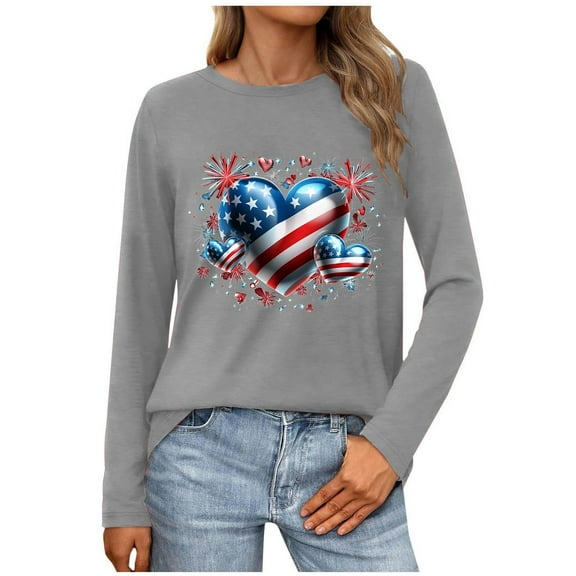 Tnhcen Women's New Long Sleeve Round Neck Pullover – Independence Day Print Patriotic Spirit Tops Fall Cotton Blend Shirts US Flag Design Activewear Size S-3XL