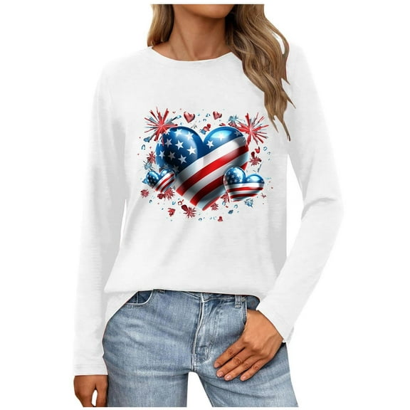 Tnhcen Women's New Long Sleeve Round Neck Pullover – Independence Day Print Patriotic Spirit Tops Fall Cotton Blend Shirts US Flag Design Activewear Size S-3XL
