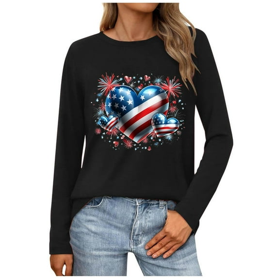 Tnhcen Women's New Long Sleeve Round Neck Pullover – Independence Day Print Patriotic Spirit Tops Fall Cotton Blend Shirts US Flag Design Activewear Size S-3XL