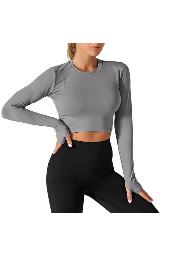 Women's New Long Sleeve Thumb Button UV Protection Crop Tops - Solid Color Fitness Activewear Stretchy Workout Tops Nylon Spandex Blend Size S-2XL