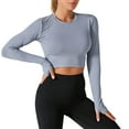 thumbnail image 1 of Tnhcen Women's New Long Sleeve Thumb Button UV Protection Crop Tops - Solid Color Fitness Activewear Stretchy Workout Tops Nylon Spandex Blend Size S-2XL, 1 of 2