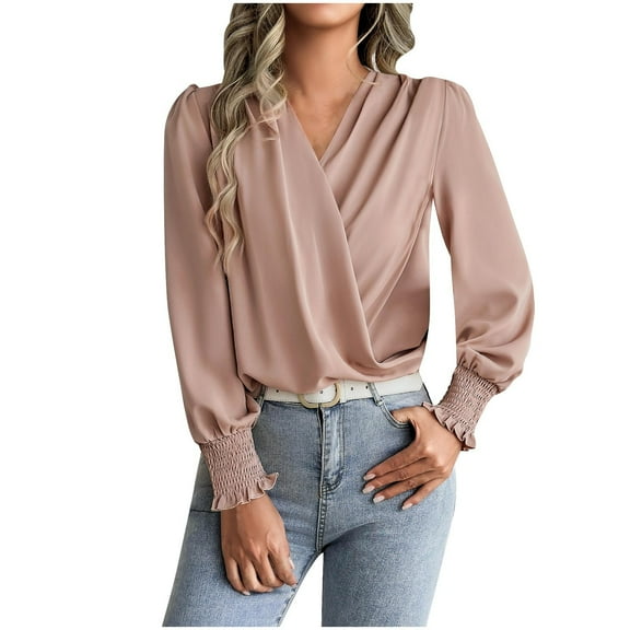 Tnhcen Women's New Solid Color V-neck Chiffon Blouse – Loose Fit Casual Work Shirts Silk-like Daily Tops Size S-XL