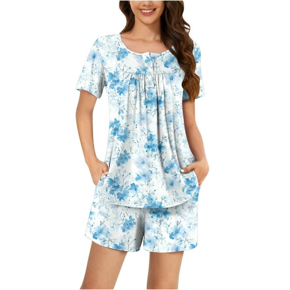 Tnhcen Women's New Summer Henley Neck Pajama Sets Short Sleeves 2 Piece Lounge Sleepwear Pjs Sets with Pockets S-3XL