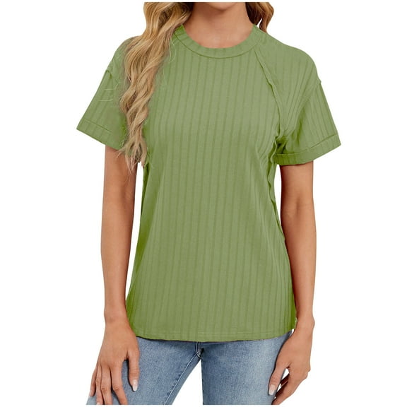 Tnhcen Women's New Summer Ribbed Crewneck Short Sleeve Tops | Soft Trendy Flipped Hem Plus Size Fit (S-2XL) | Casual Daily Stylish Essentials