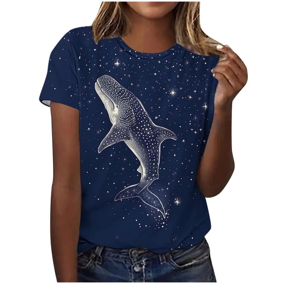 Tnhcen Women's Ocean Animal Print Summer Short Sleeve Crew Neck Basic Top | Stretchy Breathable Plus Size Friendly (S-3XL) | Casual Beach Daily Wear