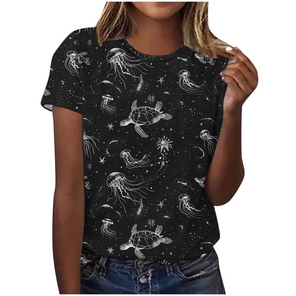 Tnhcen Women's Ocean Animal Print Summer Short Sleeve Crew Neck Basic Top | Stretchy Breathable Plus Size Friendly (S-3XL) | Casual Beach Daily Wear