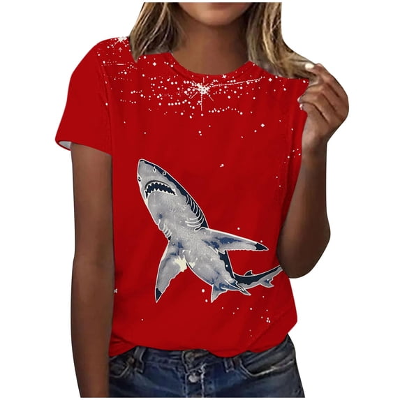 Tnhcen Women's Ocean Animal Print Summer Short Sleeve Crew Neck Basic Top | Stretchy Breathable Plus Size Friendly (S-3XL) | Casual Beach Daily Wear