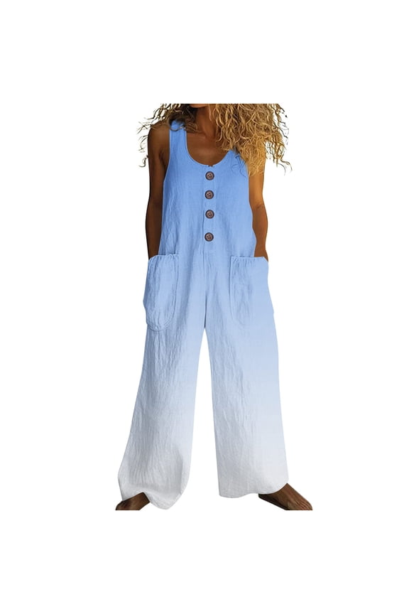 Women’s Ombre Button Sleeveless Jumpsuit with Pockets - Lightweight Overalls for Women Summer Casual Romper with Round Neck Loose Fit Casual Overalls S-2XL
