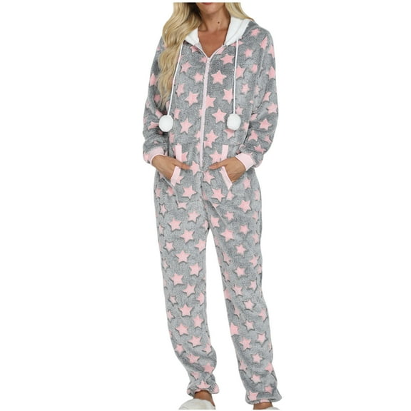 Tnhcen Women's One-Piece Pajamas Flannel Sleepwear Hooded Pajama Set with Pockets Star Print Loungewear Cozy Winter Pajama Outfit M-XL