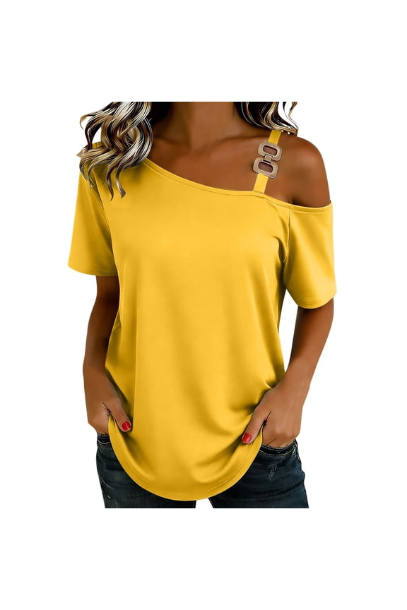 Women's One-Shoulder Short Sleeve Blouse, Off Shoulder Top with Metallic Chain Detail, Casual Loose Fit Stretch Shirt, Solid Tops for Women, Plus Size S-3XL