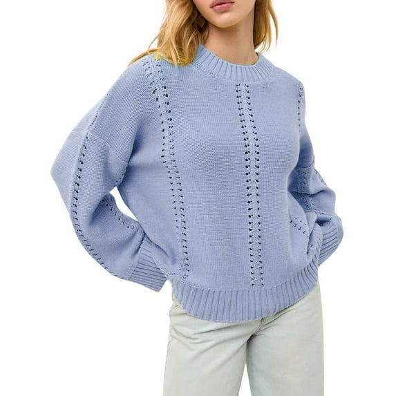 Tnhcen Women's Openwork Knit Sweater Loose Fit Round Neck Top Soft Acrylic Pullover Breathable Long Sleeve Comfort Casual Solid Color S-XL