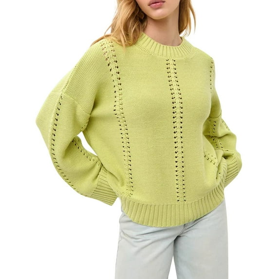 Tnhcen Women's Openwork Knit Sweater Loose Fit Round Neck Top Soft Acrylic Pullover Breathable Long Sleeve Comfort Casual Solid Color S-XL