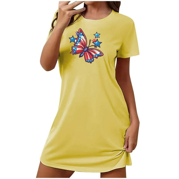 Tnhcen Women's Oversized Short Nightgown Printed Round Neck and Short Sleeves Dress Nightshirt Nightgown Nightwear All for Women Womens Sleepwear Underwear Dress Yellow