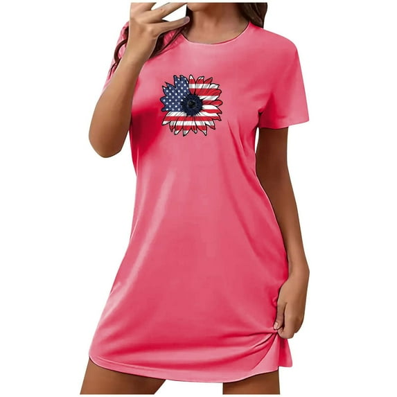 Tnhcen Women's Oversized Short Nightgown Printed Round Neck and Short Sleeves Dress Pajamas Long Sleeve Nightgowns for Women Nightwear for Ladies Comfywear Lounge/Sleepwear
