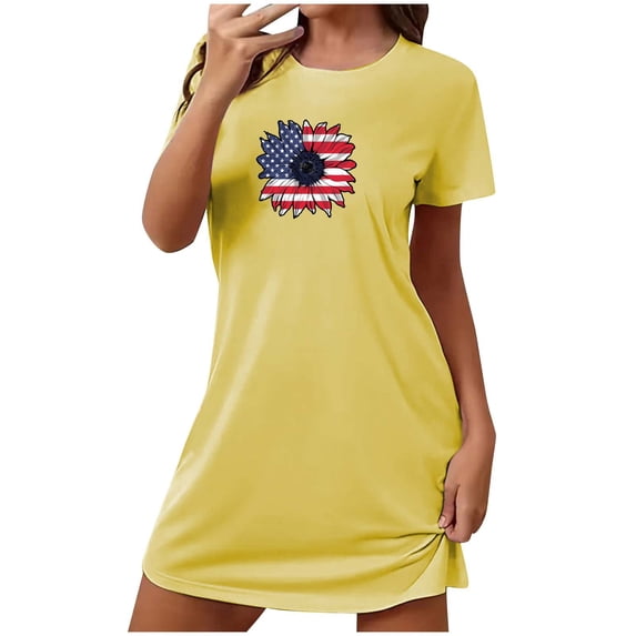 Tnhcen Women's Oversized Short Nightgown Printed Round Neck and Short Sleeves Dress Pajamas Long Sleeve Nightgowns for Women Nightwear for Ladies Comfywear Lounge/Sleepwear Yellow