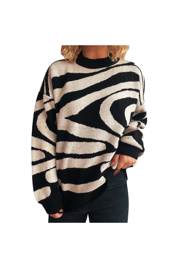 Women's Oversized Zebra Stripe Sweater Drop Shoulder Long Sleeve Knit Top Nylon Spandex Matte Pullover Loose Fit Casual Streetwear S-L