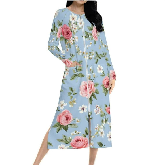 Tnhcen Women's Pajama Dress Long Sleeve Floral Print Loose Fit Zipper Front Sleepwear Night Dress Home Wear Lounge Dress Slit Sleeve Double-Sided Fleece S-2XL