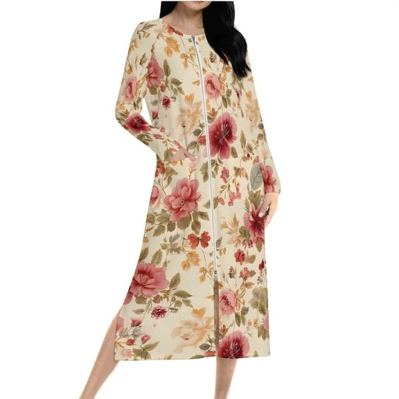 Tnhcen Women's Pajama Dress Long Sleeve Floral Print Loose Fit Zipper Front Sleepwear Night Dress Home Wear Lounge Dress Slit Sleeve Double-Sided Fleece S-2XL