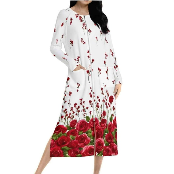 Tnhcen Women's Pajama Dress Long Sleeve Floral Print Loose Fit Zipper Front Sleepwear Night Dress Home Wear Lounge Dress Slit Sleeve Double-Sided Fleece S-2XL
