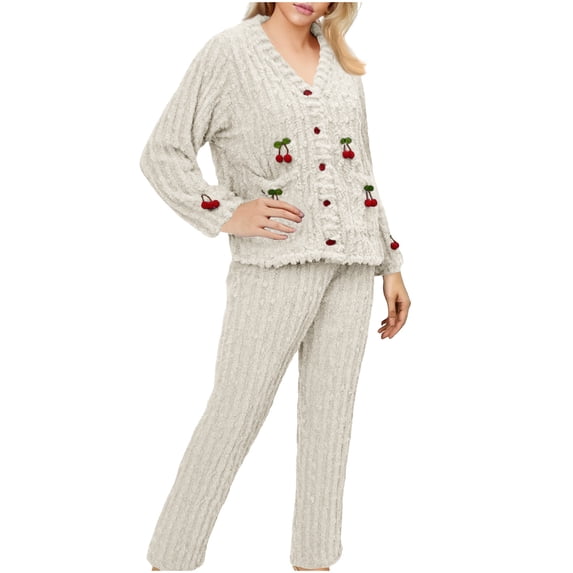 Tnhcen Women's Pajama Set Double - faced Fleece Spring Thermal Sleepwear Cozy Fuzzy Pajamas Plus Size S - XL Long Sleeve Button Front Cherry Embroidered Loungewear