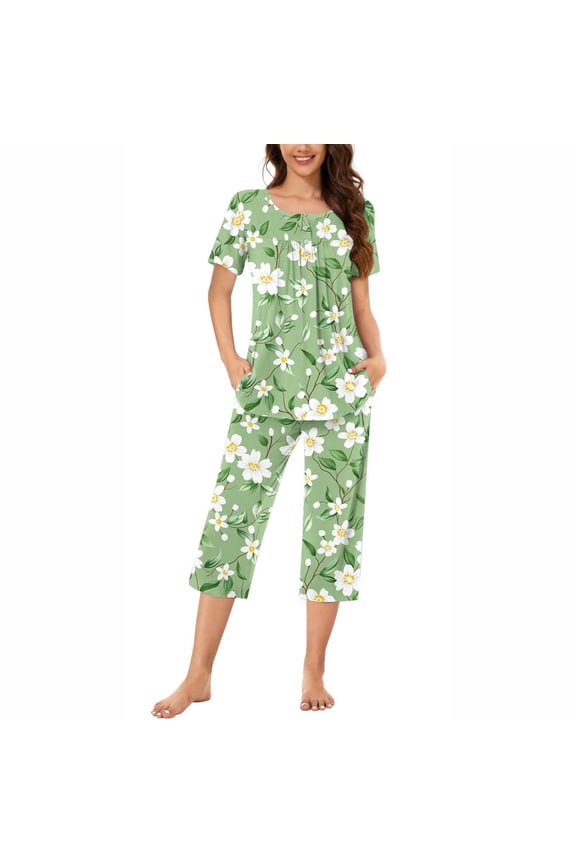 Women's Pajama Set Green Sleepwear Soft Pjs Lounge Sets Short Sleeve with Pockets S-3XL