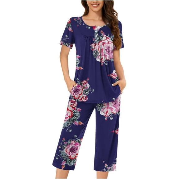 Tnhcen Women's Pajama Set Short Sleeve Homewearand Capri Pants Sleepwear Pjs Sets With Pockets