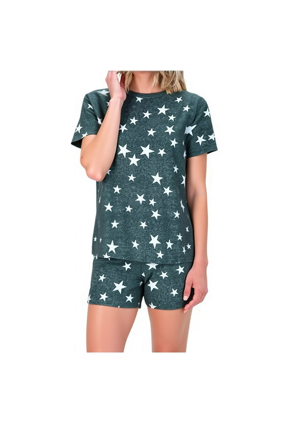 Women's Pajama Set Short Sleeve Top and Shorts Sleepwear Soft Pajamas XS-XL Milk Silk Flocking Star Print Lounge Set Comfortable Pajamas for Women Black