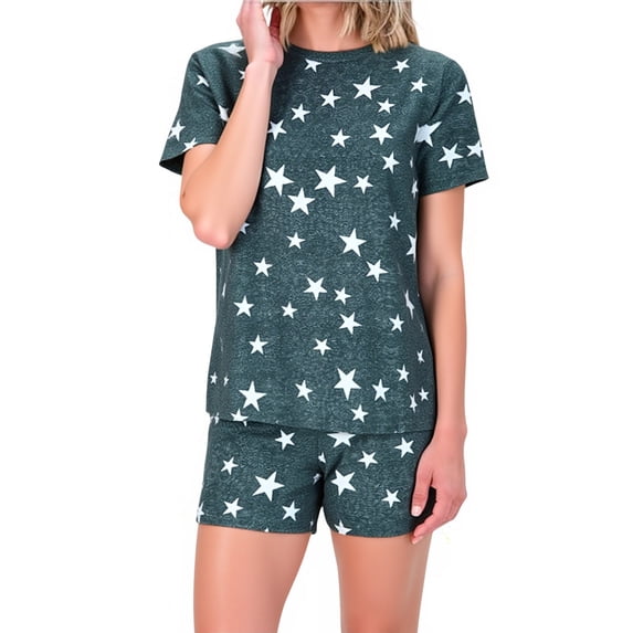 Tnhcen Women's Pajama Set Short Sleeve Top and Shorts Sleepwear Soft Pajamas XS-XL Milk Silk Flocking Star Print Lounge Set Comfortable Pajamas for Women Black