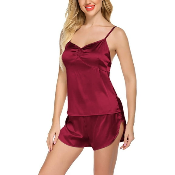 Tnhcen Women's Pajama Set | V-Neck Satin-Like Sleepwear with Side-Slit Shorts | Breathable Silky Tank Top & Shorts Loungewear Set for Women (S-3XL)