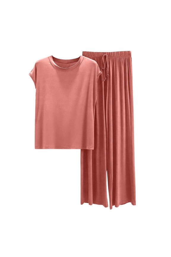Women's Pajama Sets Moda Loose Fit Crew Neck Short Sleeve Top + Wide Leg Pants Casual Sleepwear Soft Lounge Wear Plus Size M-2XL