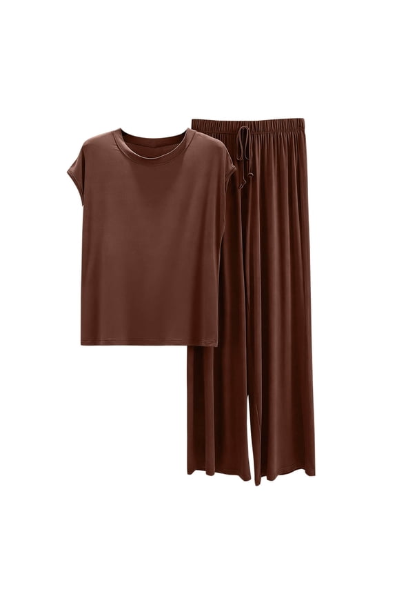 Women's Pajama Sets Moda Loose Fit Crew Neck Short Sleeve Top + Wide Leg Pants Casual Sleepwear Soft Lounge Wear Plus Size M-2XL