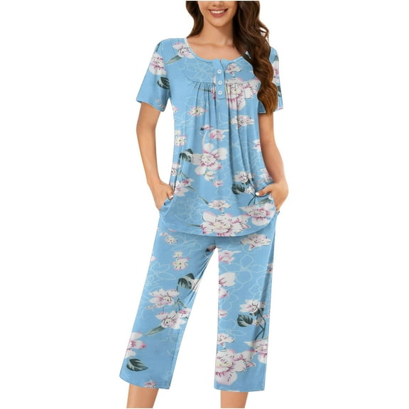 Tnhcen Women's Pajamas Set Short Sleeve Top And Capri Pants Lightweight Sleepwear Comfy Pjs Lounge Set With Pockets