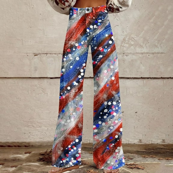 Tnhcen Women's Patriotic Star Spangled Wide Leg Pants - Vintage Print Straight Leg Casual Cargo Pants with Pockets S-5XL Independence Day Style
