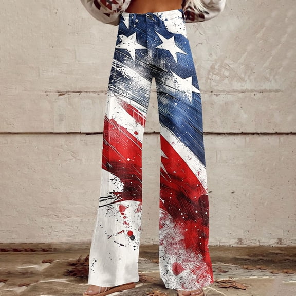 Tnhcen Women's Patriotic Star Spangled Wide Leg Pants - Vintage Print Straight Leg Casual Cargo Pants with Pockets S-5XL Independence Day Style