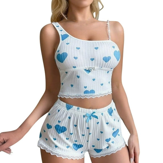 Tnhcen Women's Pearl Trimmed Heart Print Pajama Set Sleeveless Camisole Shorts Home Wear Soft Polyester Sleepwear Set S-XL