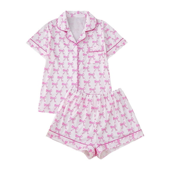 Tnhcen Women's Pink Bow Print Pajama Set Button-Front Short Sleeve Top & Elastic Waist Shorts Milk Silk Jersey Sleepwear S-2XL Loungewear & Homewear