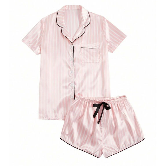 Tnhcen Women's Pink Striped Notch Collar Pajama Set Satin Short Sleeve Top Tie-Waist Shorts 2-Piece Sleepwear Loungewear Set XS-3XL