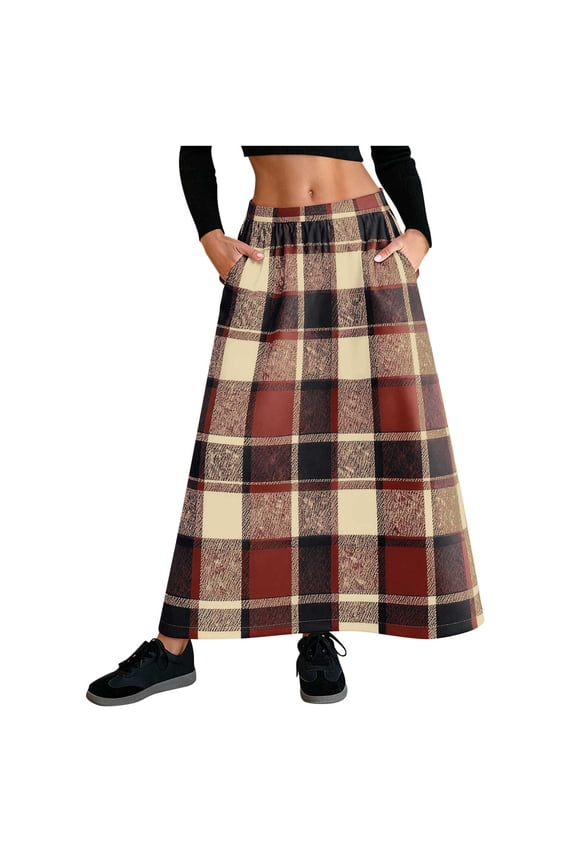 Women's Plaid Elastic Waist Midi Skirt with Pockets, 50% Wool 50% Polyester High Waist A - Line Skirt, Plus Size S - 2XL Casual Long Skirt