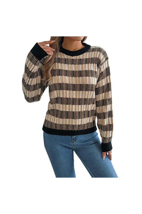 Women's Plaid Knit Sweater Casual Long Sleeve Top Soft Acrylic Comfort Wear Round Neck Pullover S-XL